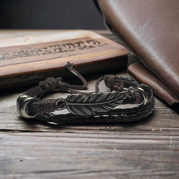 Brown Leather Braided Bracelet with Beads and Leaf Detail - Picture 7 of 7